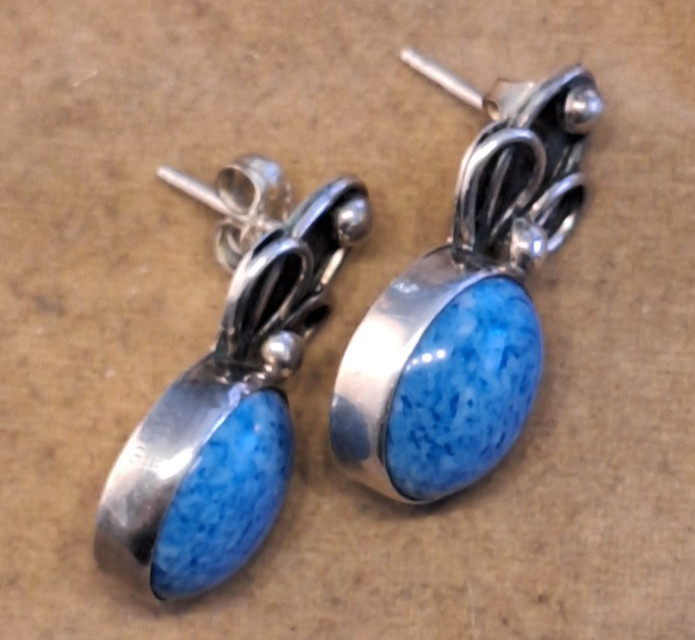 Native American Blue Gemstone Handmade Sterling Silver Stud Earrings signed "AM" View 2