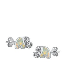 Sterling Silver Cute Stud Clear CZ White Opal Elephant Earrings 925 New