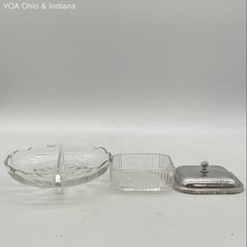 Vintage Clear Glass Divided Relish Tray & Refrigerator Dish with Metal Lid
