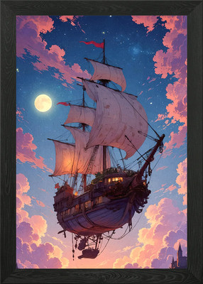 Fantasy Luftschiff Mond Landschaft gerahmtes Wandbild Poster Leinwanddruck Bild