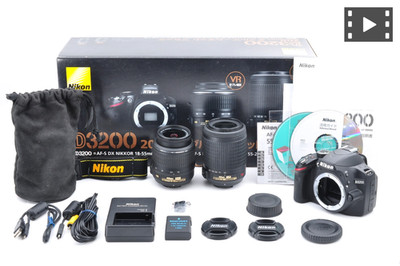[NM SC:6842] Nikon D3200 Black w/ Box 18-55mm & 55-200mm VR Lens Kit Japan #0627
