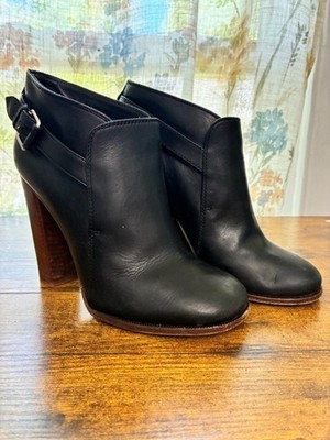 Celine Phoebe Philo Black Leather Ankle Booties with Brown Stacked Heel