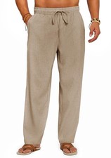 Mens Casual Linen Pants Elastic Waist Drawstring Summer Beach Loose Fit Yoga
