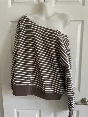 American Eagle AE Mocha Brown White Striped Sweatshirt Off The Shoulder Sz M NWT