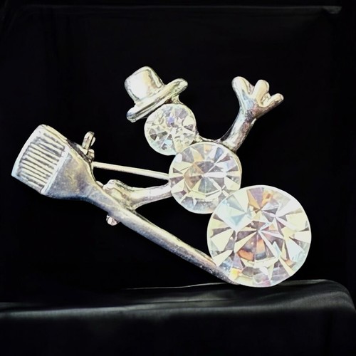 Snowman Brooch Rhinestone Crystal Silver Tone Vintage Holiday Christmas Pin - Picture 5 of 9
