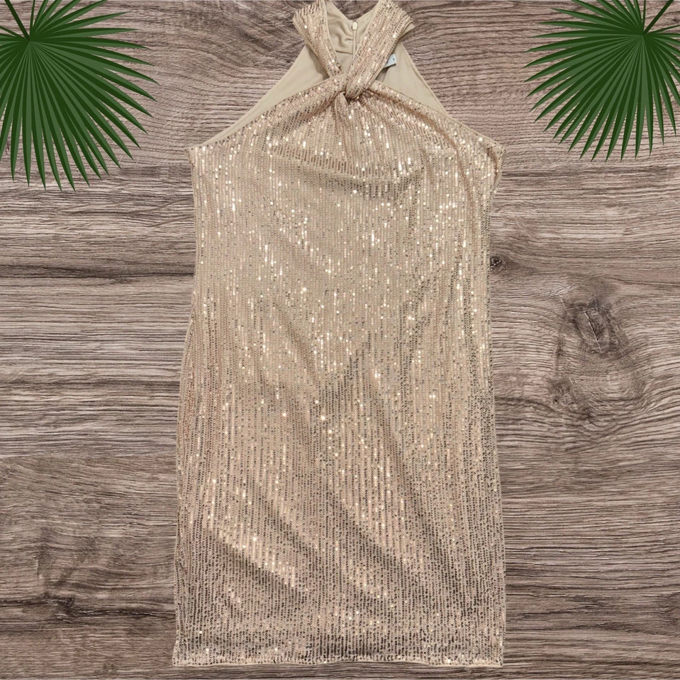 Grace Karin Dress Womens XL Tan Gold Halter Twist Neck Sequin Sparkly Evening  - Image 4 of 4