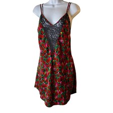 Victoria's Secret Vintage Gold Label Satin  Lace Nightie Slip Red  Pink Tulips