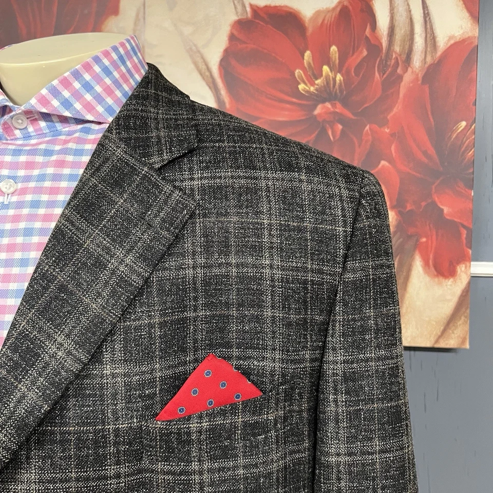 Blazer Jack Victor Para Hombre 50L Largo Lana Seda Lino 3 Botones Negro/Hueso/Marrón Cuadros Foto 4 de 4