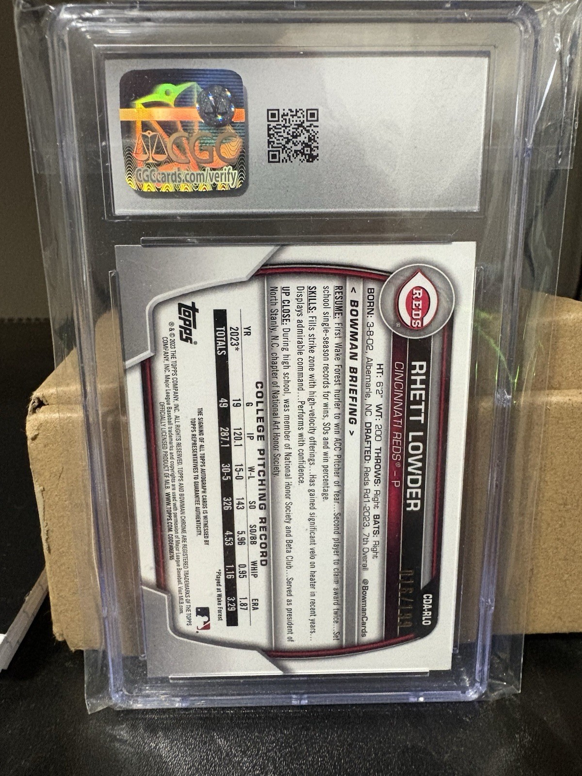 Topps 2023 Bowman Chrome Draft Sapphire Rhett Lowder CDA-RLO Auto RC /199 CGC 10 view 2