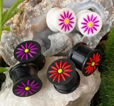 ALL 4 PAIR Silicone Plugs w/ Raised Flower Earlets Gauges Tunnels Body Jewelry