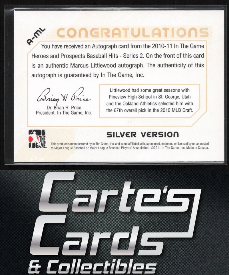 Marcus Littlewood 2011 In The Game Heroes & Prospects Auto Silver #A-ML Mariners - Image 2 of 2