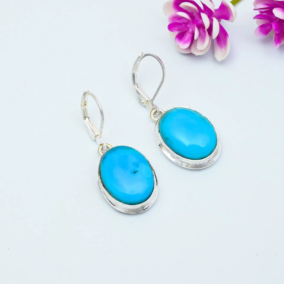 Natural Blue Turquoise Gemstone Handmade 925 Sterling Silver Jewelry Earrings - Image 3 of 4