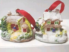 2 Vtg. Galaway Winter Christmas Cottage & Lodge Resin Ireland Ornaments. 2" x 2"