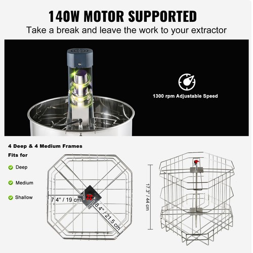 VEVOR Extractor Eléctrico de Miel de Acero Inoxidable Capacidad de 4/8 Marcos - Imagen 3 de 12