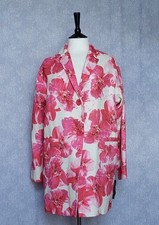 O Betty Jackson Black Size 12 Jacket Coat Pink Roses Floral Print Cotton Lined