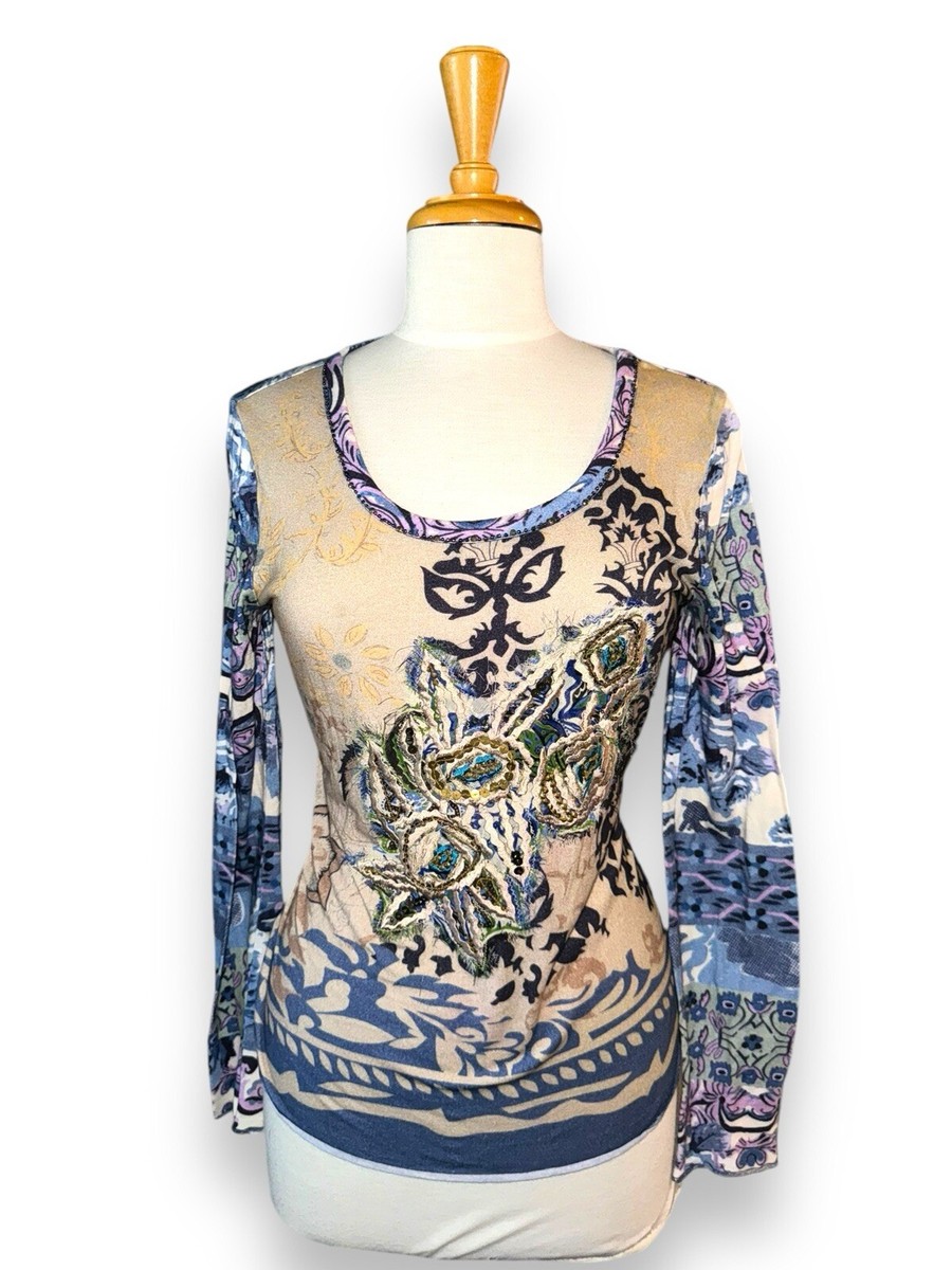 SUNDANCE Embellished Embroidered Multi Print Floral Tee LS T-Shirt