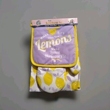 3 Pc Kitchen Set Collection - Apron/Oven Mitt/Pot Holder Lemons Purple Cotton