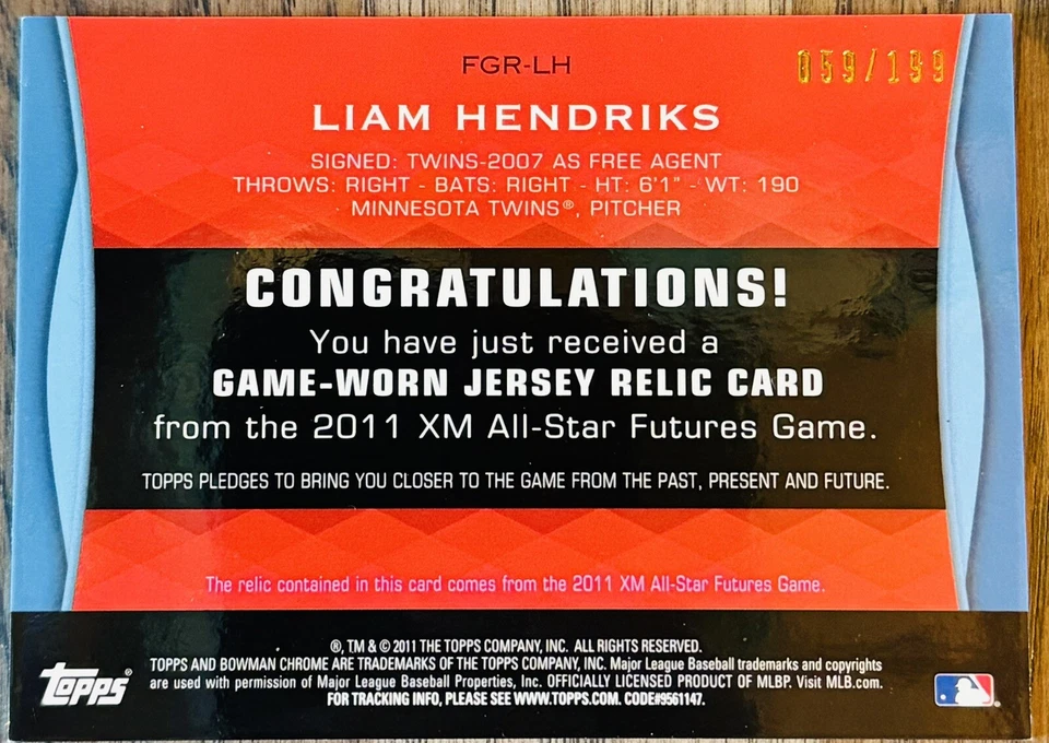 2011 Bowman Draft Futures Game Relics Blue /199 Liam Hendriks #FGR-LH - Image 2 of 2