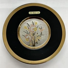 Vintage Art Of Chokin Hummingbird With Daffodils 6” Plate 24K Gold Trim On Black