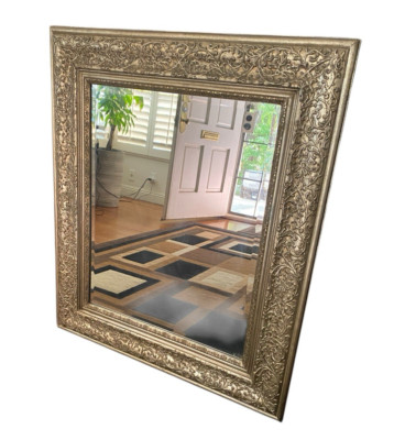 Large Wood Rectangular Art Deco Ornate Frame Wall Beveled Mirror Hallway Accent