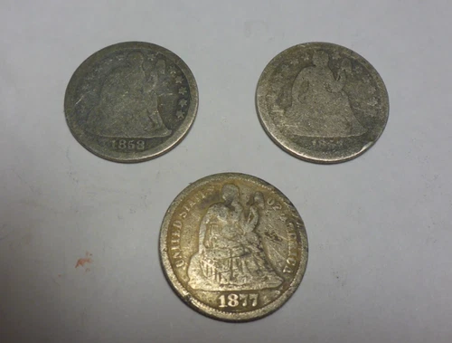Seated Liberty Dime Lot- 1857,1858,1877- Good Starter Coins