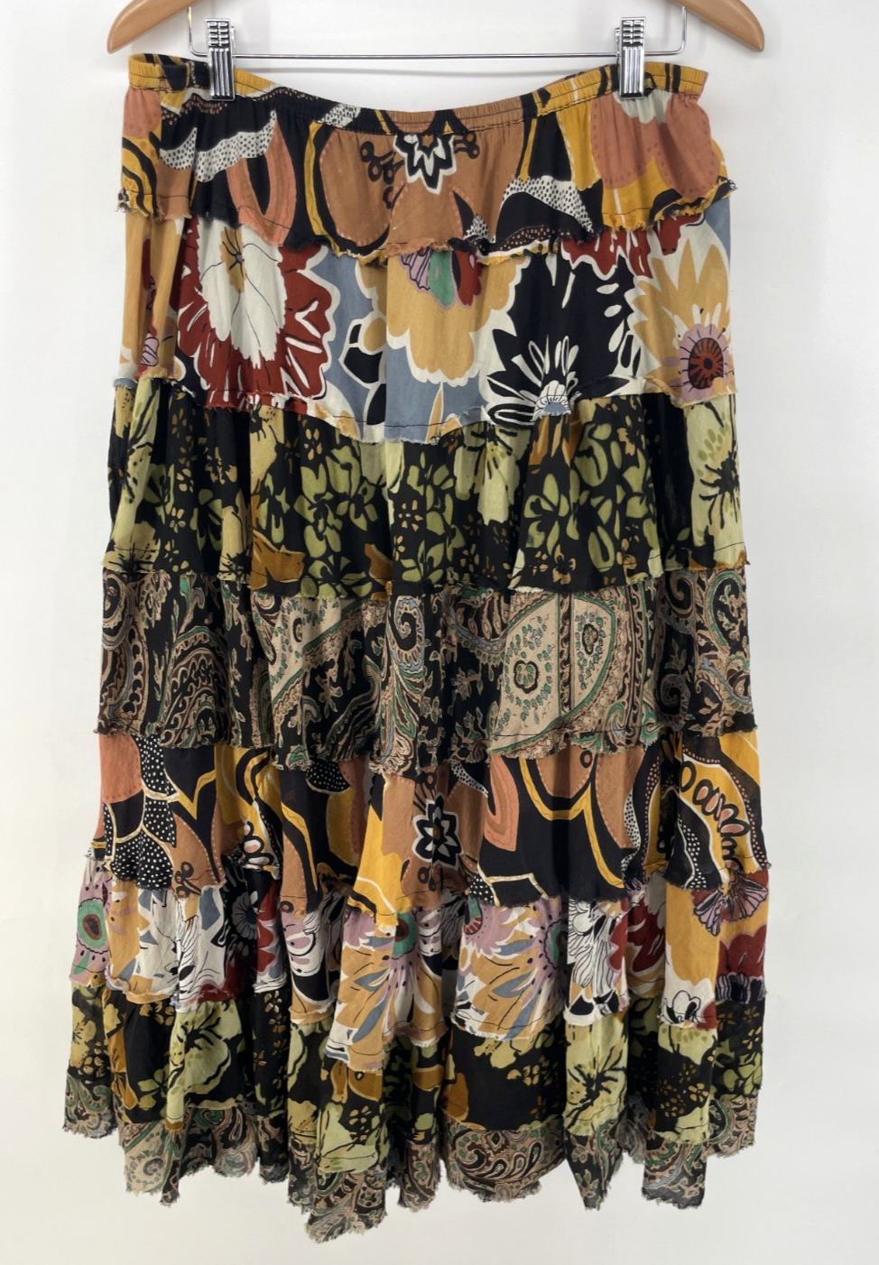 Cato Midi Skirt L Tiered Ruffle Floral Boho Fairy Hippie Full Patchwork Raw Hem-image