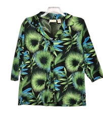 Apostrophe Woman 1X Tropical Leaf Print Button Front Blouse