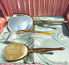 SALE Vintage Brass Vanity Set in Case w/ Hand Mirror, Hairbrushes Comb