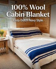 100 Wool Blanket Blue / White Striped Dutch Vintage Design - Cozy Cabin Throw