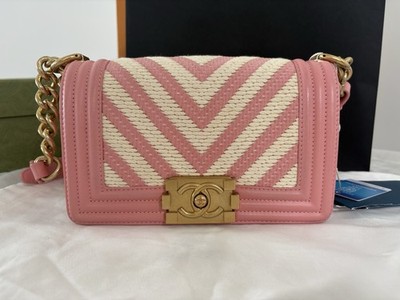 Chanel Small Le Boy Pink and White Chevron