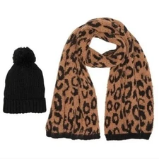 Steve Madden Women's 2 Piece Set Beanie & Scarf Leopard Print One Size MSRP $78