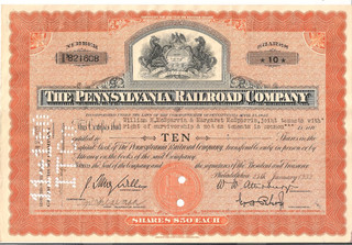 #A1200 William H. McSparrin & Margaret 1932 Pennsylvania Railroad Co. Stock 10sh