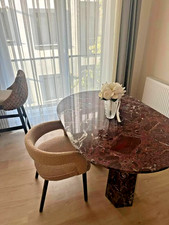 Elegant Red Marble Dining Table – Oval Top with Hexagon Base, Luxury Stone table