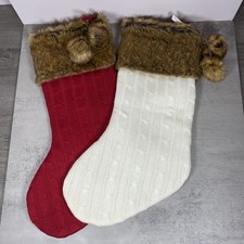 Cable Knit Christmas Stockings with Faux Fur Cuff and Pom Poms Red Cream 21"