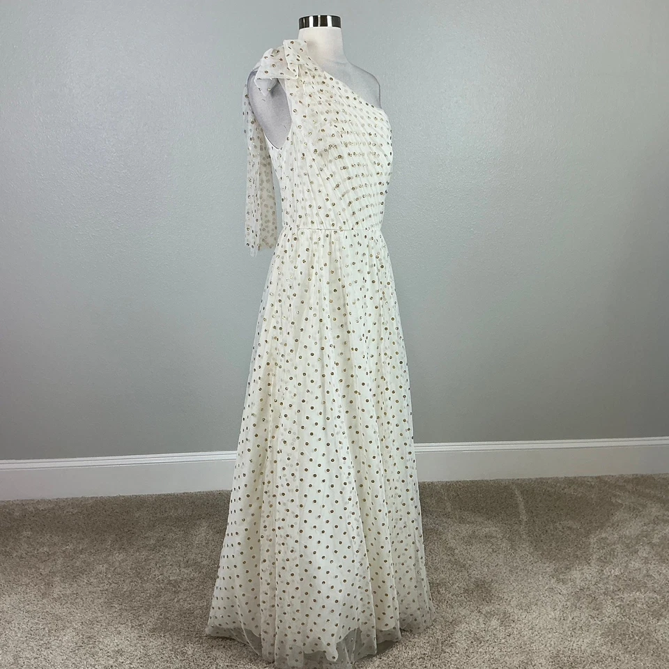 Vestido formal para mujer Eliza J talla 12 blanco metálico a lunares vestido de un hombro Foto 2 de 4