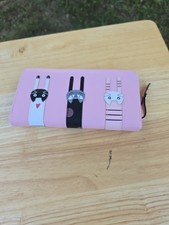Faux Leather Bifold PINK 3-Cat Zipper Clutch Wallet-ID-Cards-Cash-Coins Cute 980
