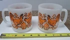 2 Vintage MCM Glasbake Milk Glass Rooster Hen Chickens Stackable Coffee Cups Mug
