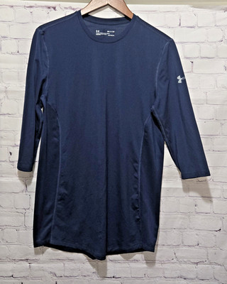 Mens Under Armour Heat Gear Navy Blue 3/4 Sleeve Fitted Top Shirt S Sports 