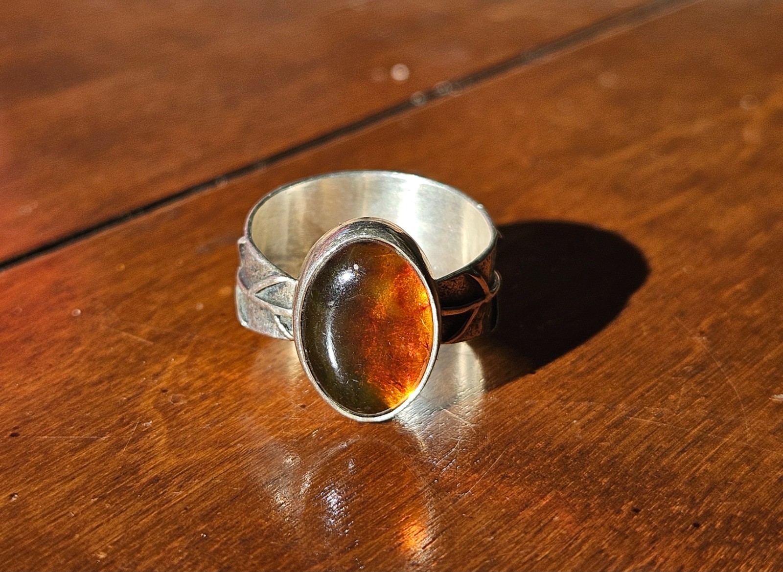 Natural Amber Autumn Leaf Statement Ring .925 Sil… - image 1