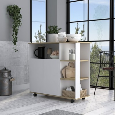 Kitchen Island Kamkacht, One Cabinet, Four Open Shelves, Light Oak / White Fin