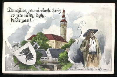 Künstler-AK Domazlic, Teilansicht mit Jan Kozina, Stadt-Wappen 1929 