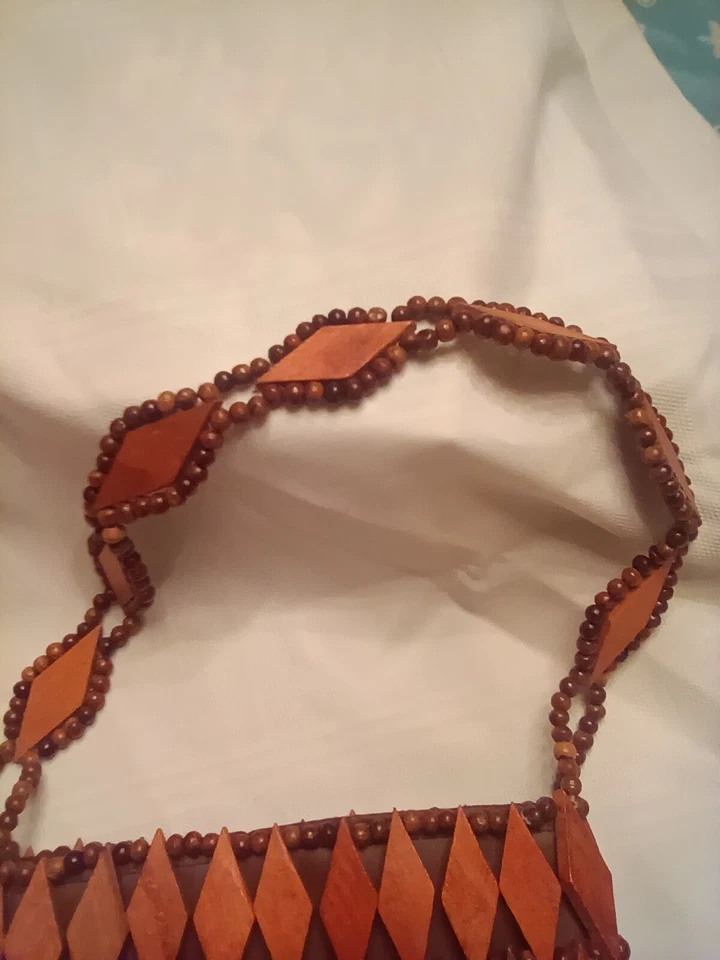 Винтажный 1970-х деревянные бусины бриллиант в форме дерева над искусственной кожи коричневая молния - Изображение 2 из 4