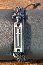 Men's Cross Leather Adjustable Bracelet Black / Silver