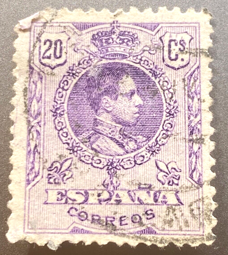 Spain 20 Centimos 1909 Purple/Centering Normal Alfonso XIII / Medal. Used. - 第 1/2 張圖片