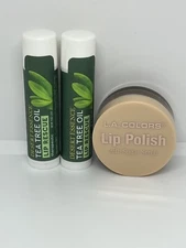 2 Desert Essence Lip Rescue w/Tea Tree Oil 4.25g/ea & 1 L.A.Colors Lip Scrub 10g