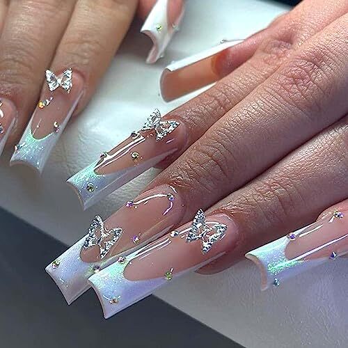 24Pcs Long Press on Nails French Tip Fake Nails 3D Butterfly Rhinestone with
