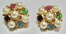 Goldtone Pierced Earrings Multi-Colored Rhinestones & Faux Pearls