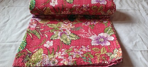 Indian Handmade Floral Twin Size Cotton Kantha Quilt Throw Blanket Bedspread - Picture 3 of 9