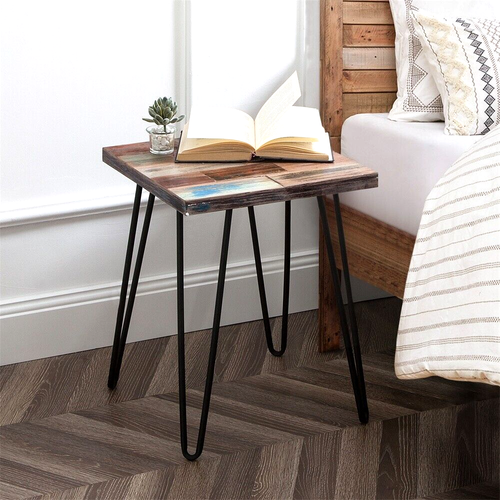 Greenage Reclaimed Wood Side Table with Carving Square Hairpin Legs End Table - Picture 12 of 13