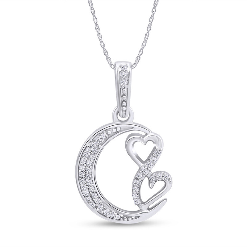 Double Heart & Moon Pendant 1/6ct Natural Diamond 10K Solid Gold With 18" Chain